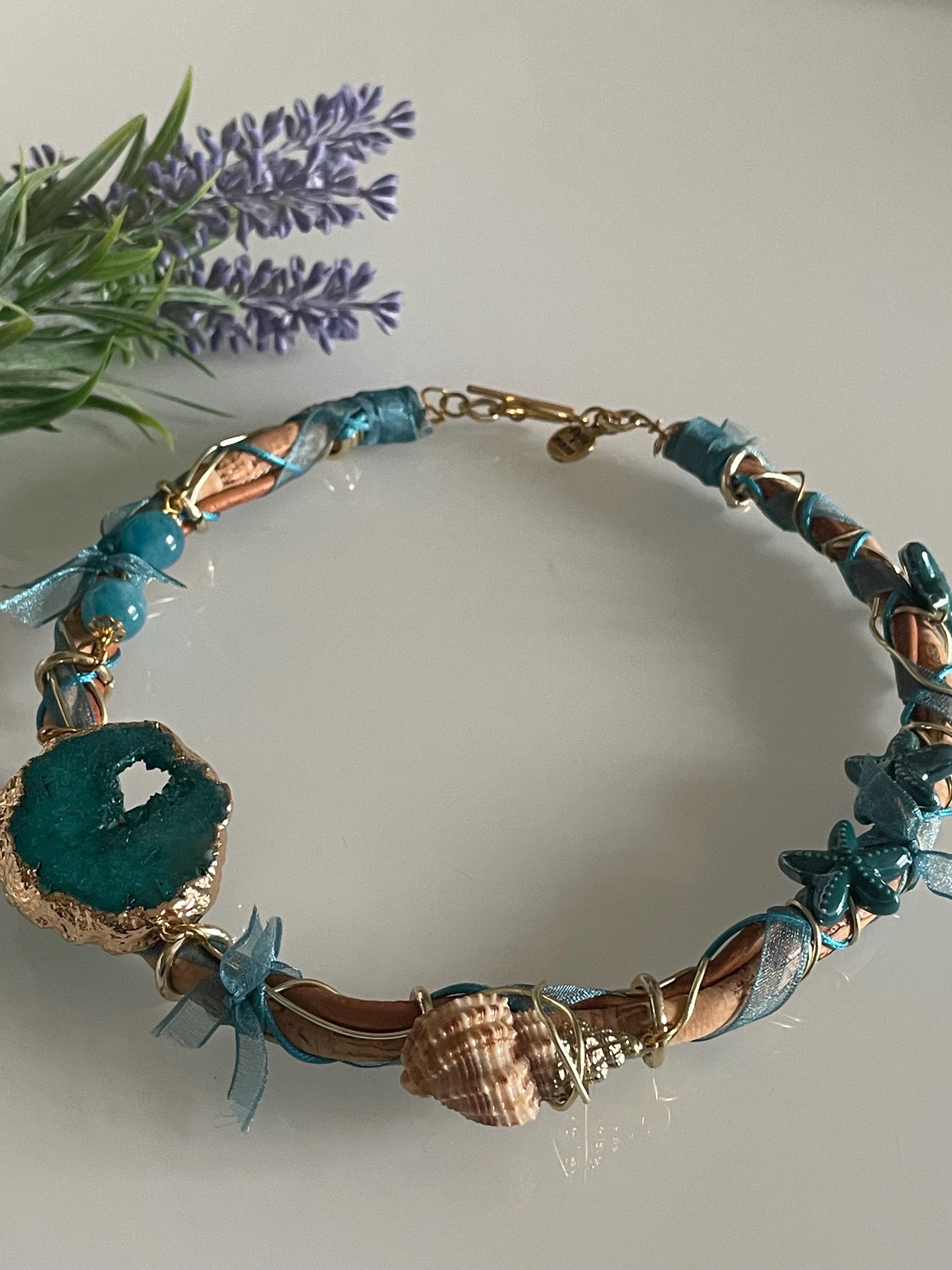 Peacock Green Tone Cork Choker Necklace/Shells/Agate Hard Stone/Starfish Ceramic/Marine Style/Summer Necklace