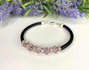 Bracelet rigide Swarovski rose sur caoutchouc, bracelet femme, idée cadeau, bracelet original, avec cristaux, bijoux fait main