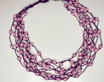 Multi-strand choker necklace with half pink crystal beads, purple waxed cord, hypoallergenic, handmade gift idea made in Italy