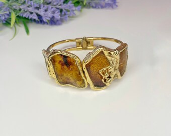 Gold Bracelet and Natural Semi-Precious Stones Amber, Precious stones, gold jewelry, rigid bracelet, accessories, brown