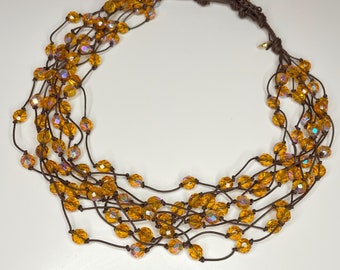 Orange yellow necklace, multi-strand choker with half-crystal beads, hypoallergenic brown waxed cord | Christmas gift idea