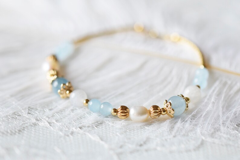 Aquamarine Moonstone Pearl Natural Stone 14K GP Bracelet