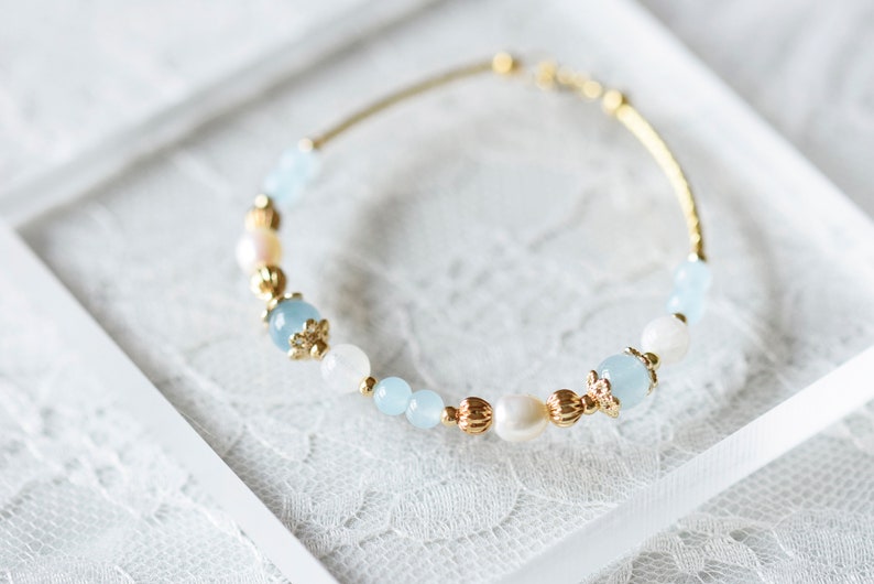 Aquamarine Moonstone Pearl Natural Stone 14K GP Bracelet