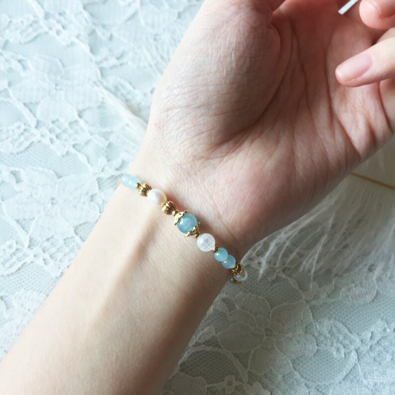 Aquamarine Moonstone Pearl Natural Stone 14K GP Bracelet