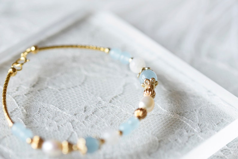 Aquamarine Moonstone Pearl Natural Stone 14K GP Bracelet