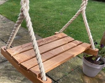 Solid Oak sledge swing with free deep 'V' engraving and generous 5m of thick (20mm) rope.
