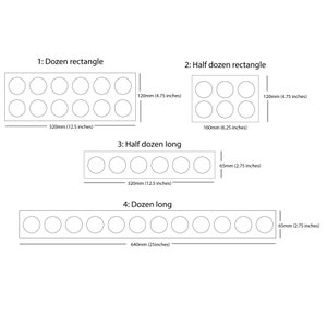 May include: Diagram showing four different sizes of round containers for storing paint or other craft supplies. The containers are arranged in a rectangle, a long row, and two half-dozen rectangles. The dimensions of each container are labeled in inches and millimeters.