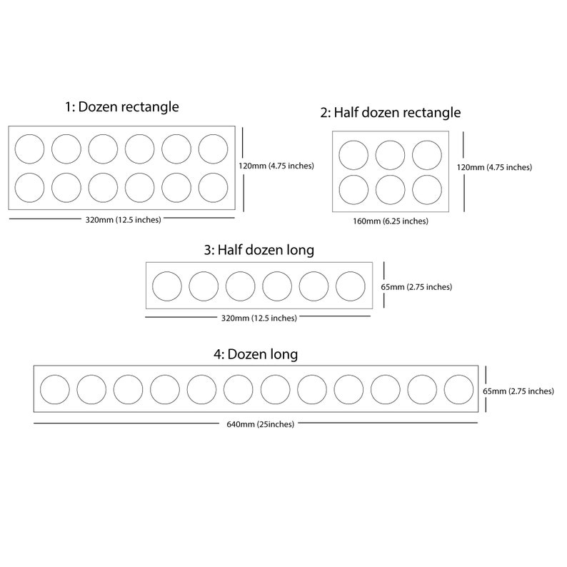 May include: Diagram showing four different sizes of round containers for storing paint or other craft supplies. The containers are arranged in a rectangle, a long row, and two half-dozen rectangles. The dimensions of each container are labeled in inches and millimeters.