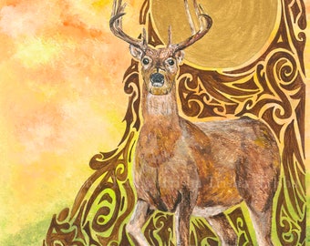 Limited edition print, Lord of the Forest -  (stag, yellow, celtic) Celtic art, irish art, wall art, celtic design, Ireland