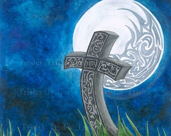 Limited edition print, Time waits for no-one - (cross, blue, moon) Celtic art, irish art, wall art, celtic design, Ireland