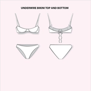 Puede incluir: Un dibujo de línea de un top de bikini con aros y una parte de abajo. El top tiene un detalle de lazo en el centro y la parte de abajo tiene un corte clásico.