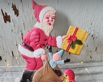 Embossed Dresden Cardboard 9.25" x 6.10" ~ Santa display ~ Gifts ~ bird ~ A Merry Christmas ~ Vintage Christmas Decor ~ Farmhouse ~ hy5056s1