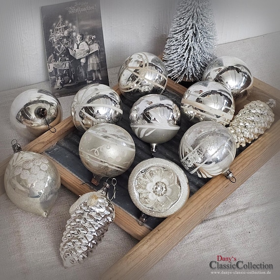 12 Christbaumkugeln silber antik Weihnachtsschmuck Kugeln Tropfen Zapfen Nostalgie Weihnachtsbaum Weihnachten Baumbehang 25cb12k2