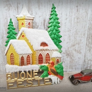 Cartón de Dresde en relieve 22,5 x 15,5 cm ~ Iglesia nevada ~ Fiestas de Boune ~ Decoraciones navideñas vintage ~ Feliz Navidad ~ Nostalgia ~ hw3892bf
