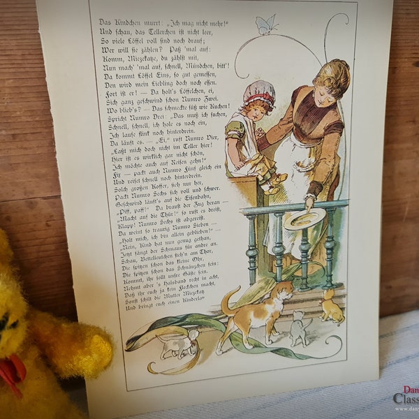 Dekorative Bilderbuchseite ~ Katzen ~ seidenmatt ~ Kinderbuch ~ Vintage Kinderzimmer Dekoration ~ Bild ~ pk22bbs6