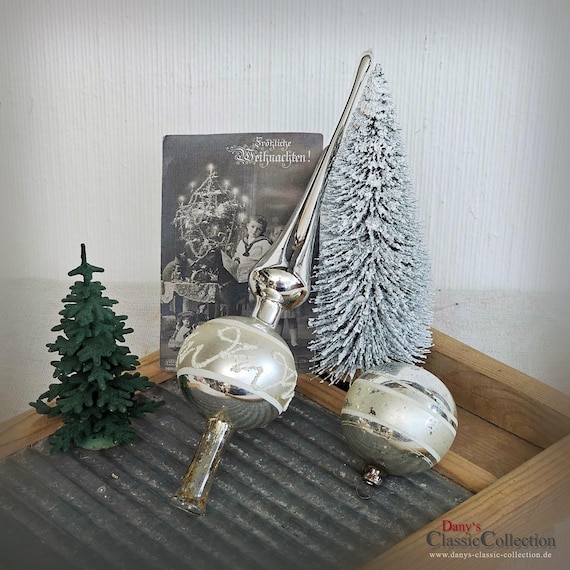 Silberne Baumspitze 23,5 cm Glas matt Schneedekor Christbaumspitze Weihnachtsbaum Bauernsilber Frohe Weihnachten Vintage Sammlerstück hx3989