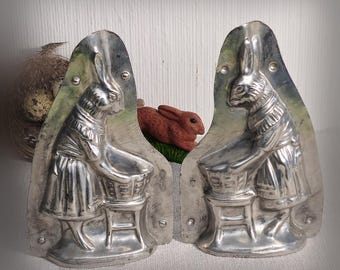 Female rabbit with baby carriage ~ antique chocolate mold 5.11" ~ Easter decor ~ Brocante home ~ Easter rabbit ~ Rare collectible ~ hy5119#7