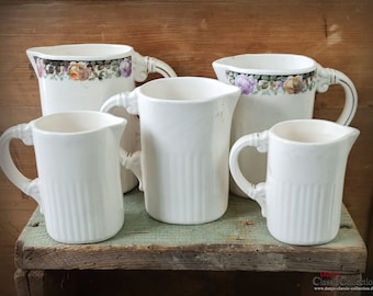 5 jugs ~ 2 designs ~ creamy white PUR or with floral decor~ ceramic ~ vintage ~ country kitchen ~ farmhouse decor ~ hs1166k