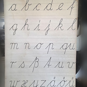 Op de afbeelding: Vintage educatieve poster met cursieve kleine letters van a tot ö. De zwarte inktletters worden weergegeven op gelijnd, gebroken wit papier. De poster heeft Duitse tekst aan de boven- en onderkant en is wat verouderd.
