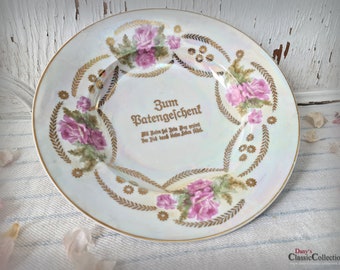 Godfather gift ~ decorative plate ~ gift plate ~ mother of pearl ~ porcelain ~ roses ~ collection plate ~ antique ~ baptism ~ pk19didt