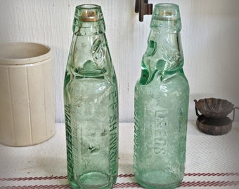 Antique bottles with ball cap ~ England ~ glass bottle cork seal ~ vintage home decor ~ Wakefield ~ Leeds ~ dog motif ~ 24fmkagf