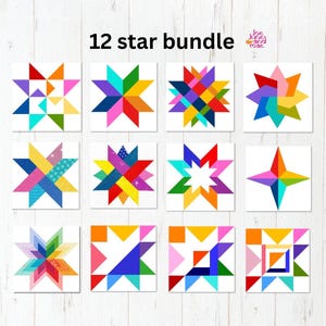 May include: A collection of twelve colorful star designs on white squares, arranged in a grid. Each star features a unique geometric pattern with vibrant hues of red, blue, yellow, green, and purple. The text "12 star bundle" is at the top.