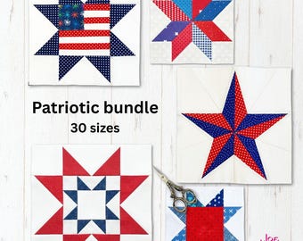 May include: A collection of five patriotic star quilt blocks in red, white, and blue. One block features an American flag design. The text "Patriotic bundle 30 sizes" is displayed. A pair of scissors is also present.