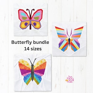 Puede incluir: Tres bloques de edredón de mariposa coloridos sobre un fondo blanco. Cada mariposa tiene un diseño geométrico único con colores vibrantes. El texto dice "Butterfly bundle 14 sizes".
