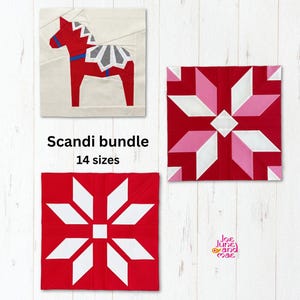May include: Three fabric squares with Scandinavian designs. One shows a red Dala horse, another a geometric starburst pattern, and the third a pink and white geometric design. The text "Scandi bundle 14 sizes" is also visible.