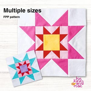 Stern-in-Stern-Quiltblockmuster in 5 Größen: Sägezahn-FPP (PDF-Download)