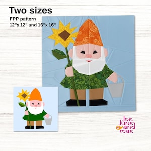 May include: Two gnome-themed FPP patterns are displayed, one large and one small. The larger pattern is 16" x 16" and shows a gnome holding a sunflower and a bucket. The smaller pattern is 12" x 12". The text "Two sizes" and "FPP pattern" are also visible.