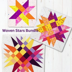 Puede incluir: Tres coloridos bloques de edredón de estrellas tejidas. Cada estrella presenta un diseño único con tonos vibrantes de naranja, morado, amarillo y rosa. El texto "Woven Stars Bundle" es visible en la parte inferior.