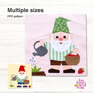 Peut inclure: Un patron de couture en papier représentant un gnome avec un chapeau vert à pois, une chemise à rayures vertes et un pantalon marron. Le gnome tient un arrosoir gris et un panier marron. Le texte indique Multiple sizes, FPP pattern, Joe June and Mae.