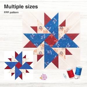 May include: A fabric patchwork star in red, white, and blue, with the text "Multiple sizes" and "FPP pattern". The star is made of various patterned fabrics. Two spools of thread and a paper clip are also visible.