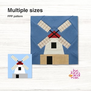 May include: Two fabric blocks featuring a windmill design. The larger block is blue with a white and tan windmill. The smaller block is a miniature version of the larger one. Text on the image reads "Multiple sizes" and "FPP pattern".