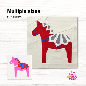 May include: A red and white patchwork horse design, with a smaller pink horse design, on a white background. The text "Multiple sizes" and "FPP pattern" are above the horse. The logo "Joe June and Mae" is in the bottom right corner.