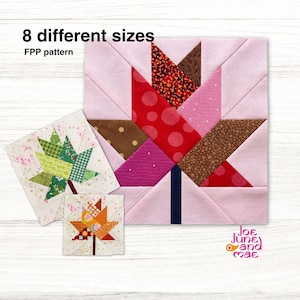 May include: Three square fabric quilt blocks featuring leaf designs in various colors and patterns, including red, brown, green, and orange. The text 8 different sizes FPP pattern is visible, along with the logo for Joe June and Mae.