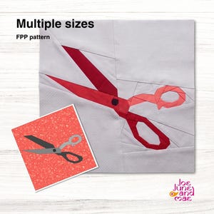 Könnte beinhalten: Ein quadratisches FPP-Muster mit einer großen roten Scherengrafik auf hellgrauem Hintergrund mit dem Text Multiple sizes und FPP pattern. Ein kleineres quadratisches Inset zeigt eine schwarz-graue Scherengrafik auf rotem Hintergrund.