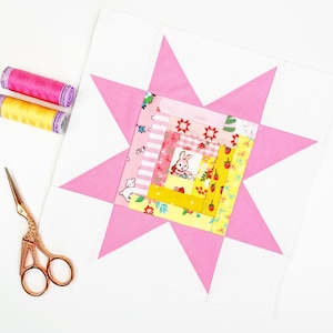 Blocco trapunta Log Cabin Star, 7 misure PDF scaricabile immediatamente, modello di carta per patchwork Sawtooth Star Foundation