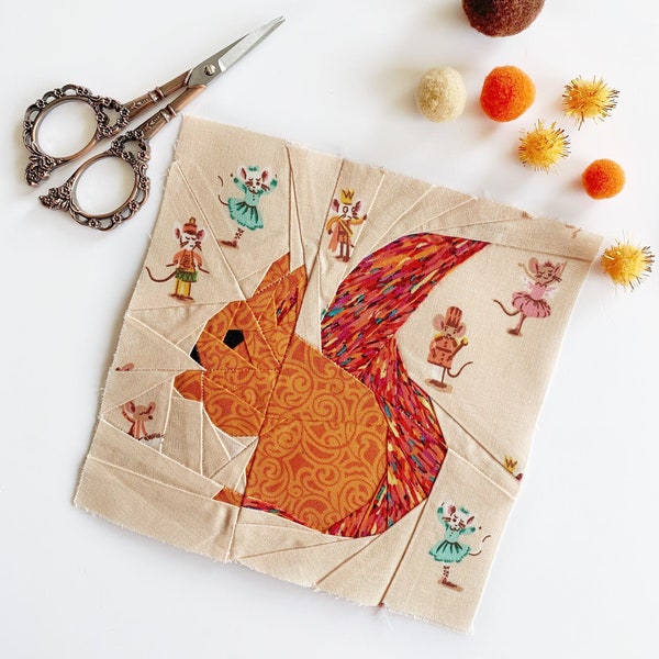 Squirrel Quilt Block Pattern, 4 sizes PDF Instant download, Foundation Paper Piecing Pattern