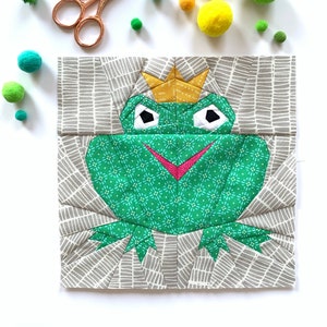 Frog Prince Quilt Block Pattern, 4 sizes PDF instant download, Nursery Decor, Foundation Paper Piecing Pattern, Fairytale Quilt Pattern