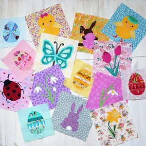 12 different Easter quilt block patterns .Tulip, daffodil, snowdrop, bunny, chicken and egg quilt blocks