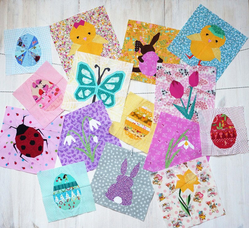 12 different Easter quilt block patterns .Tulip, daffodil, snowdrop, bunny, chicken and egg quilt blocks