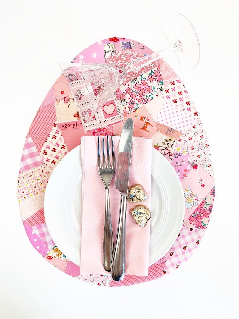 Patched Easter Egg placemat and Coaster/ Mug rug pattern. These are made out of random fabric scraps, they're the perfect scrap busters.