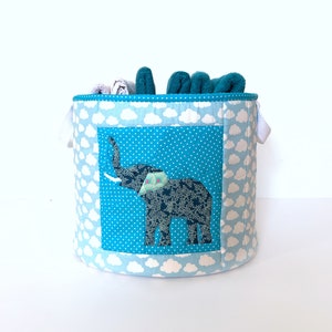 Quilted fabric basket, PDF instant download, elephant pattern detail, paper piecing