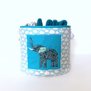 Quilted fabric basket, PDF instant download, elephant pattern detail, paper piecing