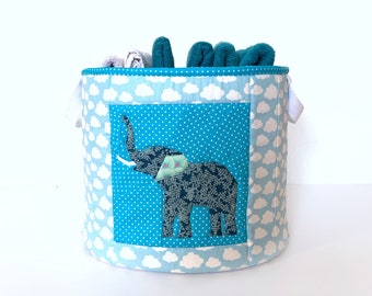 Quilted fabric basket, PDF instant download, elephant pattern detail, paper piecing