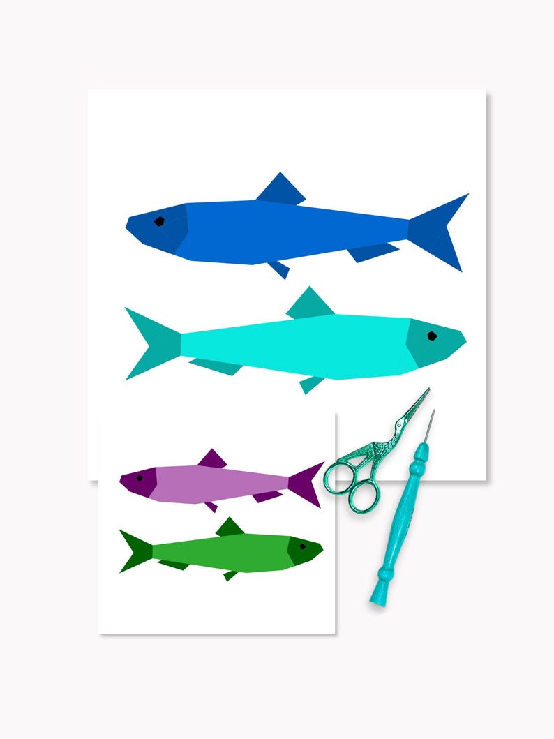 Sardines quilt block pattern, little sardines quilt block photographed with sewing utensils