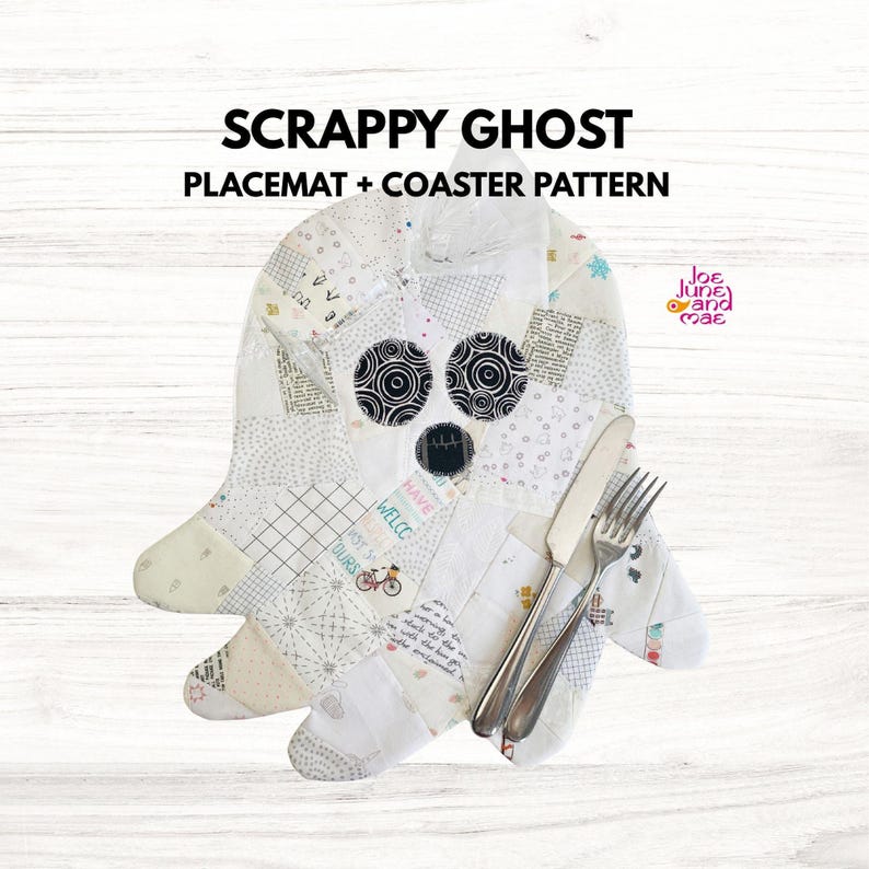 Ghost placemat/ coaster patched sewing pattern . The cutest little quilted ghost placemat pattern, perfect for your fabric scraps. The pattern is for a placemat and a Coaster.