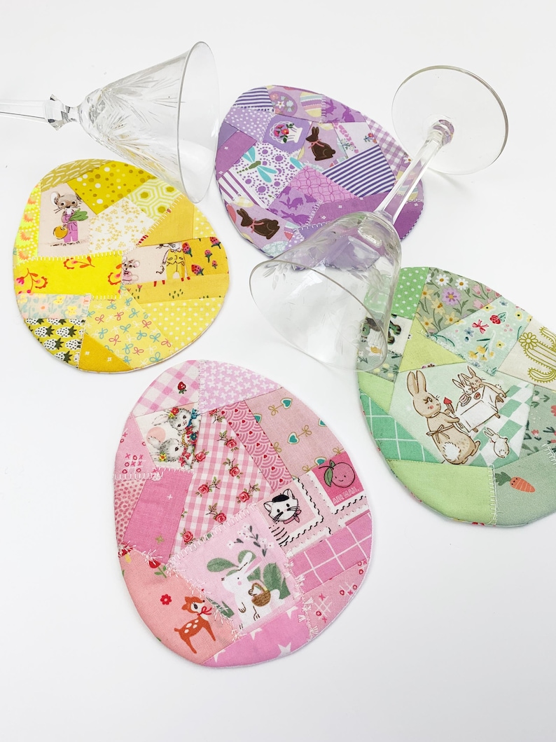 Patched Easter Egg placemat and Coaster/ Mug rug pattern. These are made out of random fabric scraps, they're the perfect scrap busters.